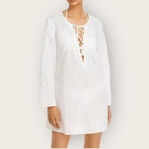 Aqua Swim Cotton Eyelet Tunic Swim Cover-Up | Small | Ivory Lace Up V-neck Boho